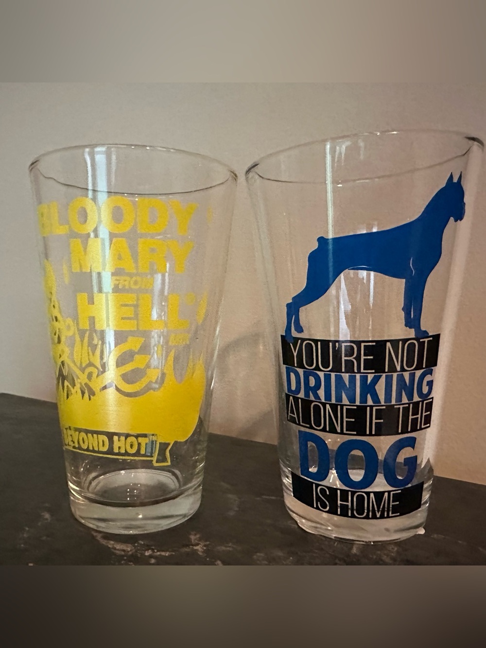 Pint glasses (2) not drinking alone dog beer Bloody Mary bar accessories